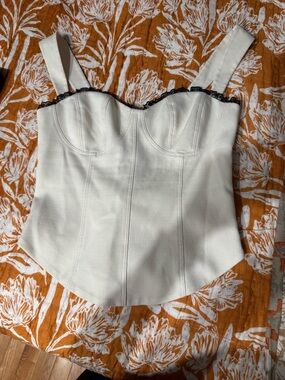 Reformation Cream Bustier Top with Black Lace Trim